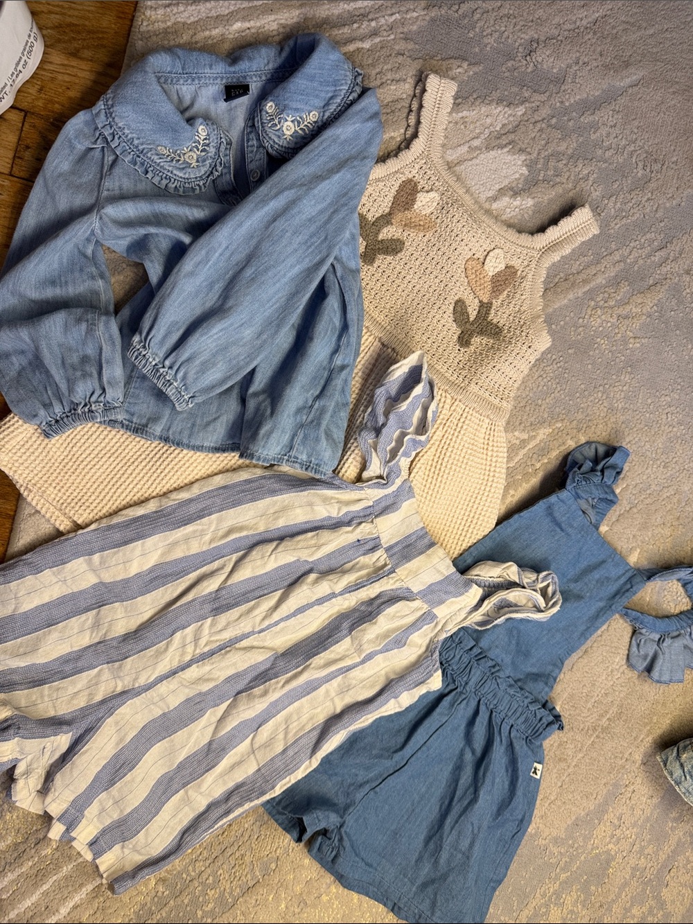 H&M Girls' Blue Denim & Cream Knit Floral Dress Set
